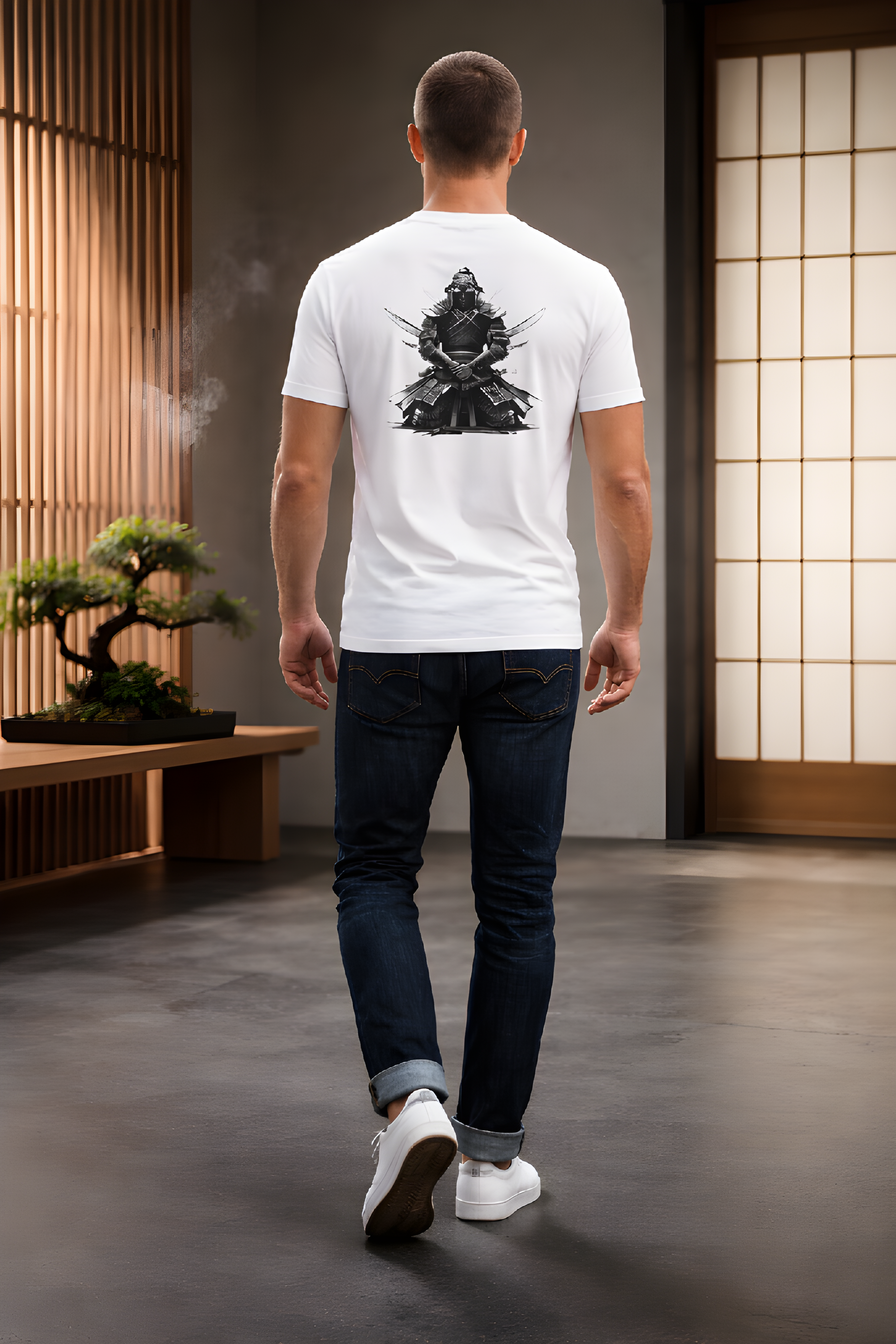 Herren- und Damen-Unisex-Shirt von Banpuku, Warrior Premium Shirt in bequemer Passform, schwarzer Stoff mit Logo-Print.