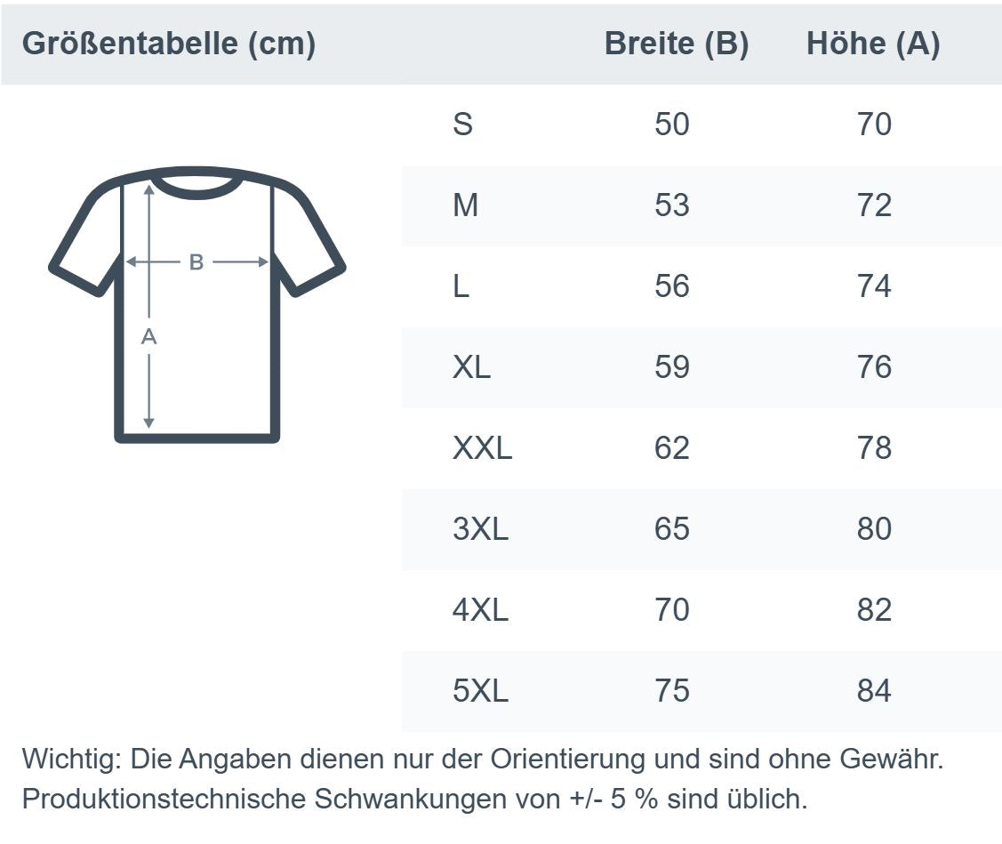 Unisex-Kominka-Premium-Shirt von Banpuku, zeigt die Größentabelle auf einem weißen T-Shirt.
