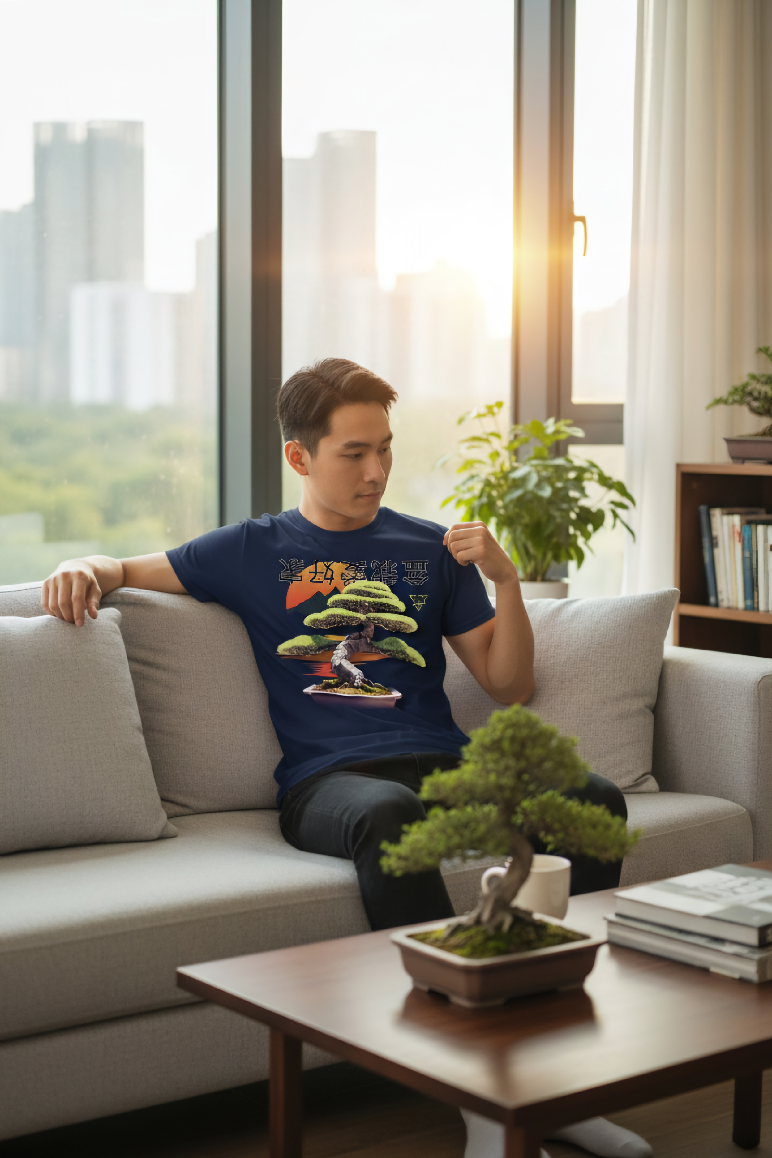 Unisex-Baumwollshirt mit Bonsai-Print von Banpuku, bequemes T-Shirt mit stilvollem Baumdesign, perfekt für jeden Anlass.