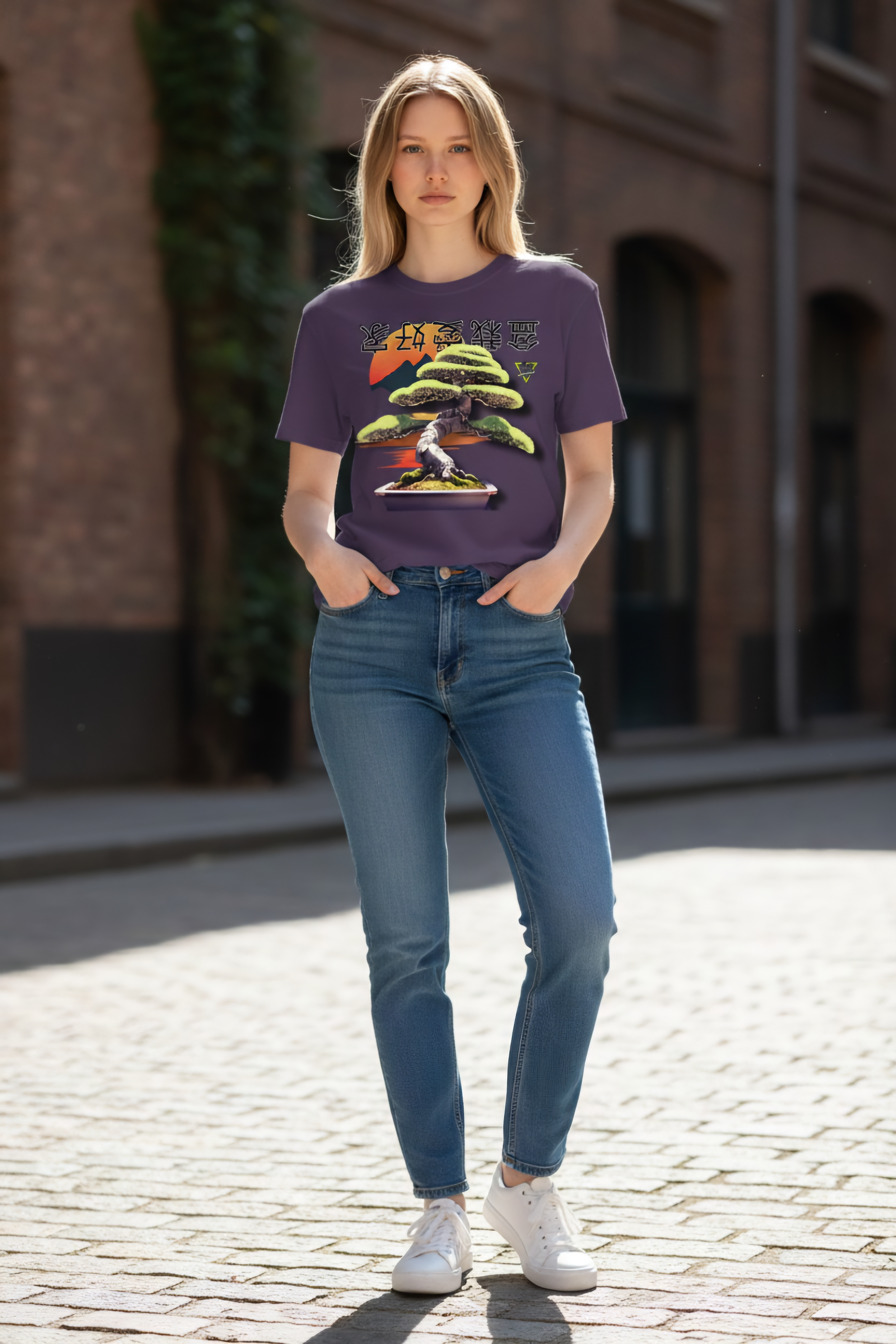 Unisex-Baumwollshirt mit Bonsai-Design von Banpuku, zeigt ein stilisiertes Bonsai-Baum-Motiv auf weißem Hintergrund.