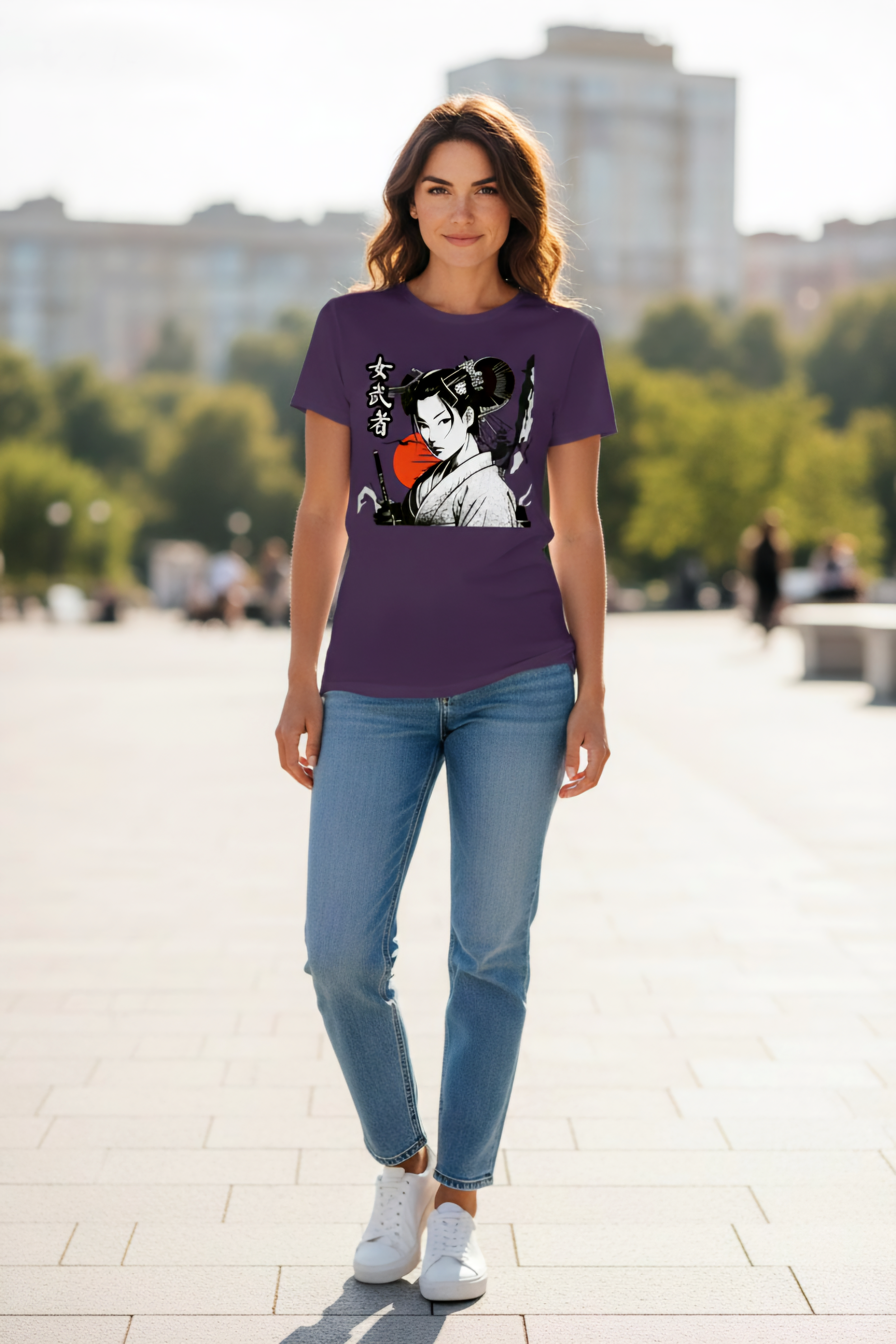 Herren-Shirt von Banpuku mit Onna-Bugeisha Design, elegante Damenbluse aus hochwertigem Stoff, detaillierte japanische Kriegerin Illustration