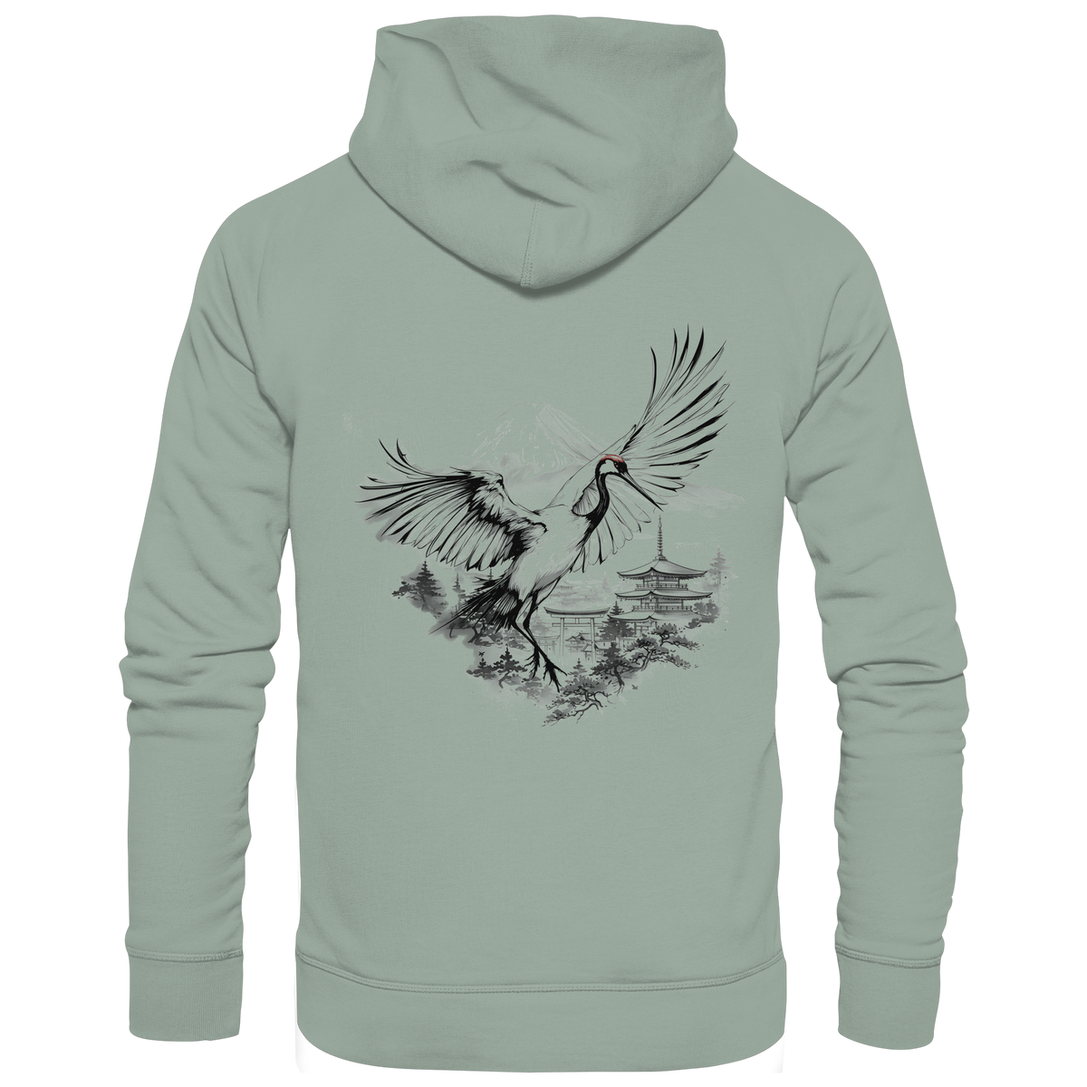 Anime Hoodie Kranich Tancho in Aloe-Grün, Rückenansicht mit Kranich im Tusche-Stil