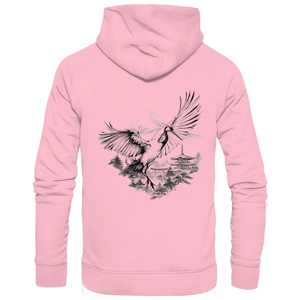 Anime Hoodie Kranich Tancho in Rosa, Rückenansicht mit Kranich im Tusche-Stil