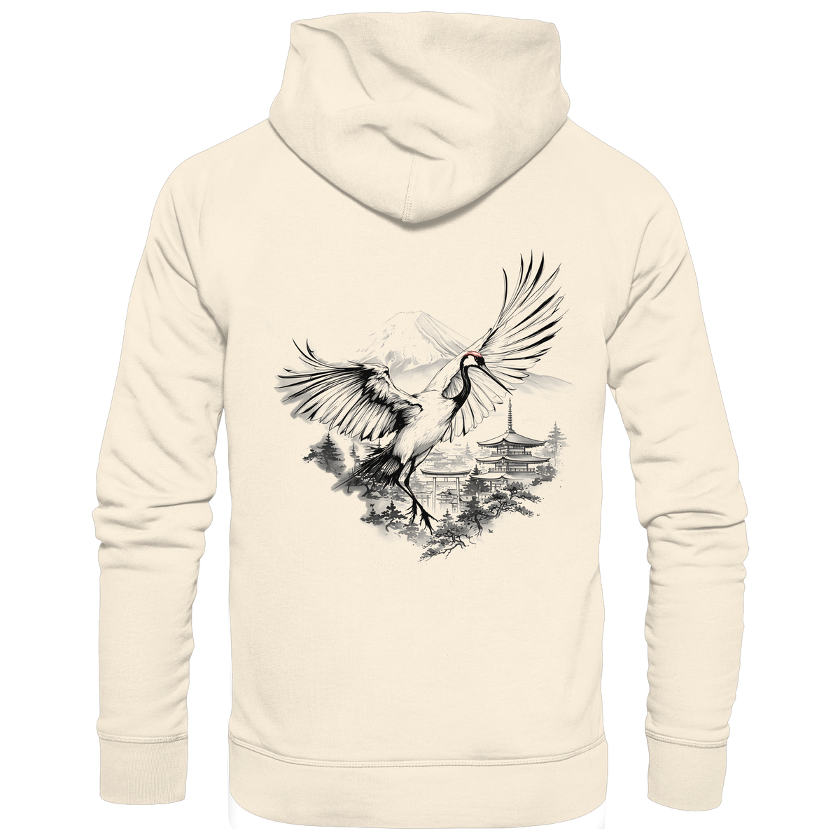 Anime Hoodie Kranich Tancho in Natural Raw, Rückenansicht mit Kranich im Tusche-Stil