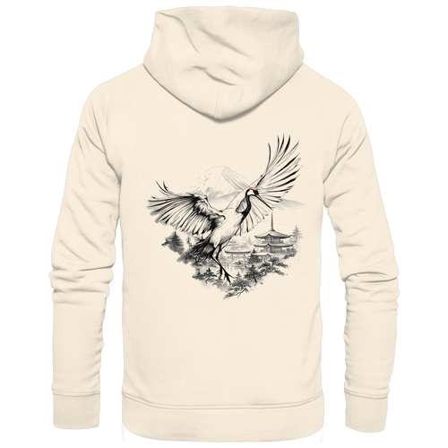 Anime Hoodie Kranich Tancho in Natural Raw, Rückenansicht mit Kranich im Tusche-Stil