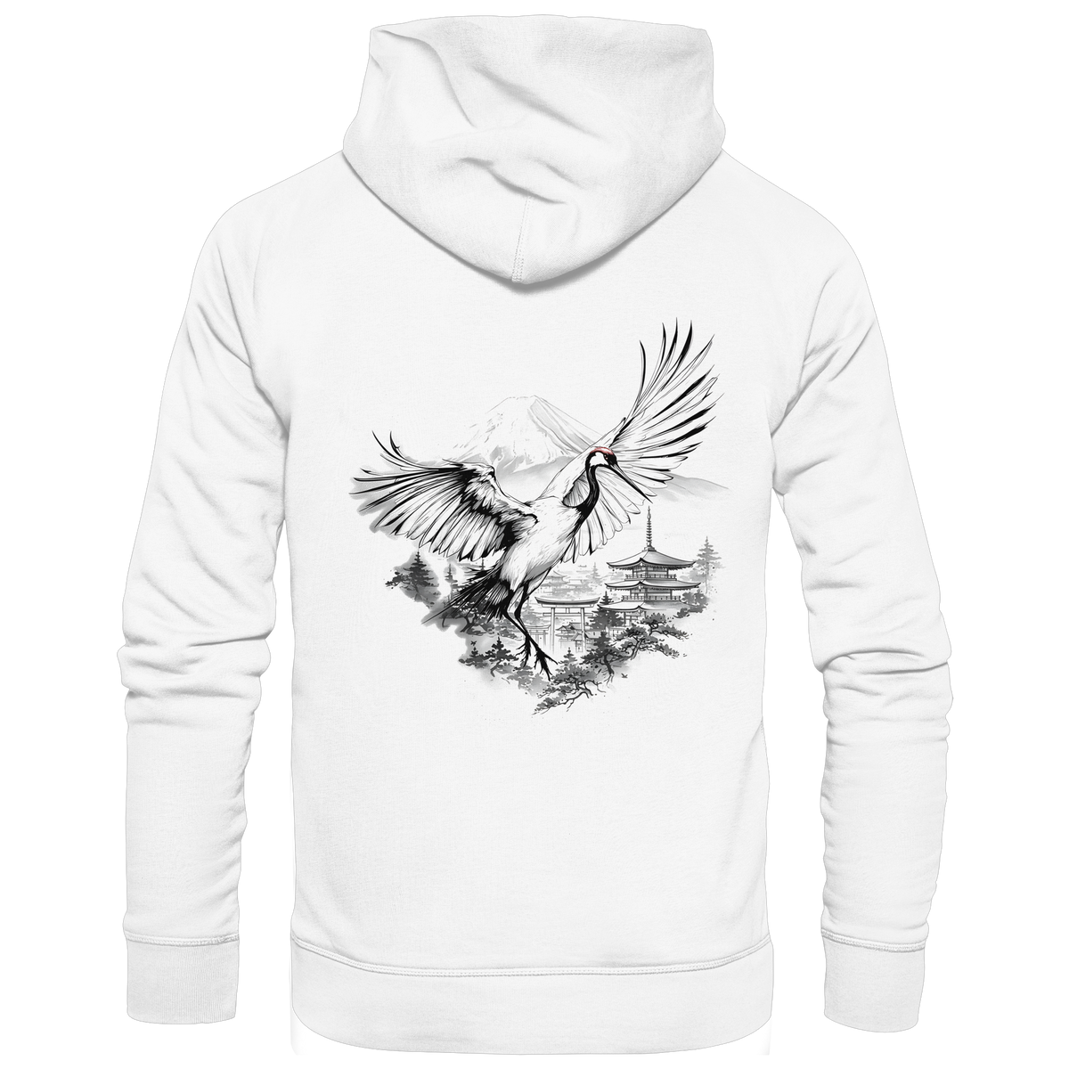 Anime Hoodie Kranich Tancho in Weiß, Rückenansicht mit Kranich im Tusche-Stil