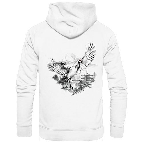 Anime Hoodie Kranich Tancho in Weiß, Rückenansicht mit Kranich im Tusche-Stil