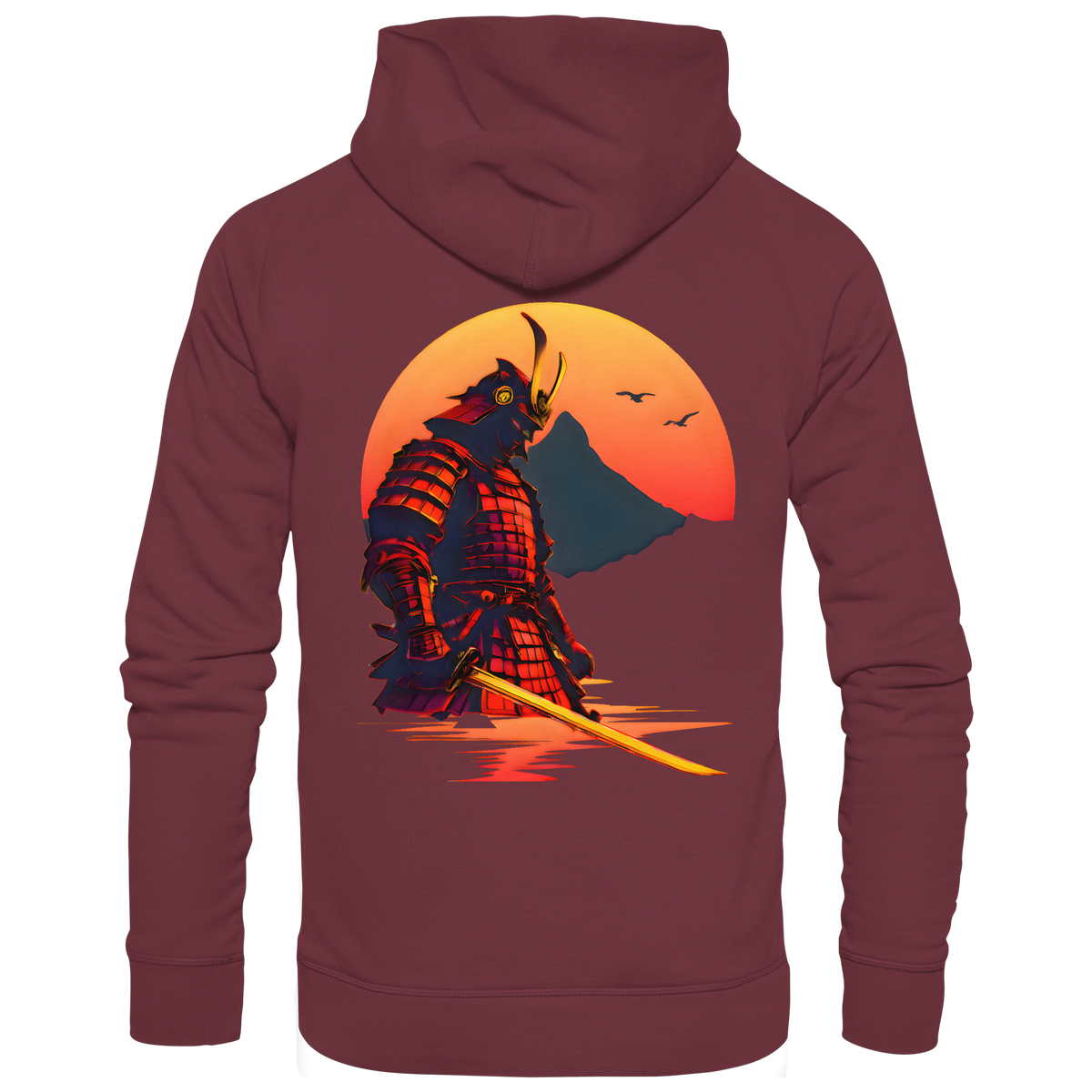 Anime Hoodie Krieger Senshi in Burgund, Rückenansicht mit Samurai vor untergehender Sonne