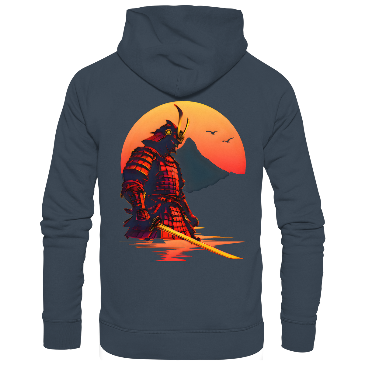 Anime Hoodie Krieger Senshi in Dunkelgrau, Rückenansicht mit Samurai vor untergehender Sonne