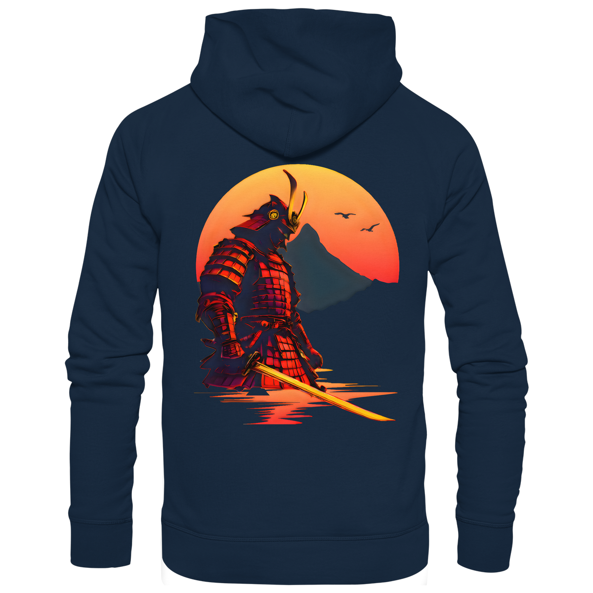 Anime Hoodie Krieger Senshi in French Navy, Rückenansicht mit Samurai vor untergehender Sonne