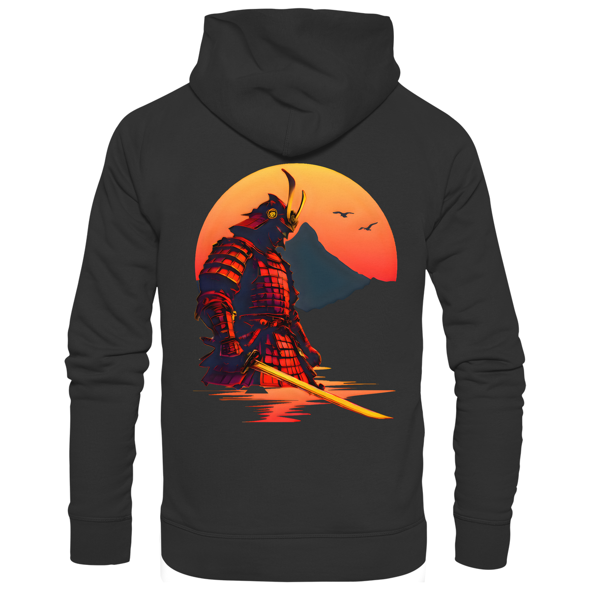 Anime Hoodie Krieger Senshi in Schwarz, Rückenansicht mit Samurai vor untergehender Sonne