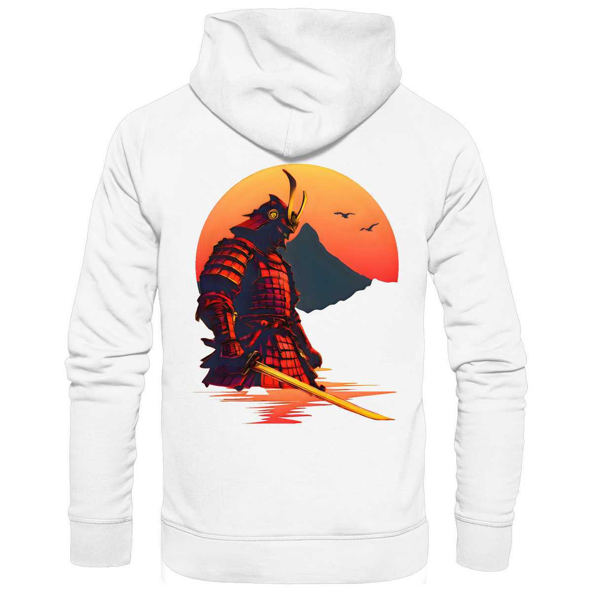 Anime Hoodie Krieger Senshi in Weiß, Rückenansicht mit Samurai vor untergehender Sonne