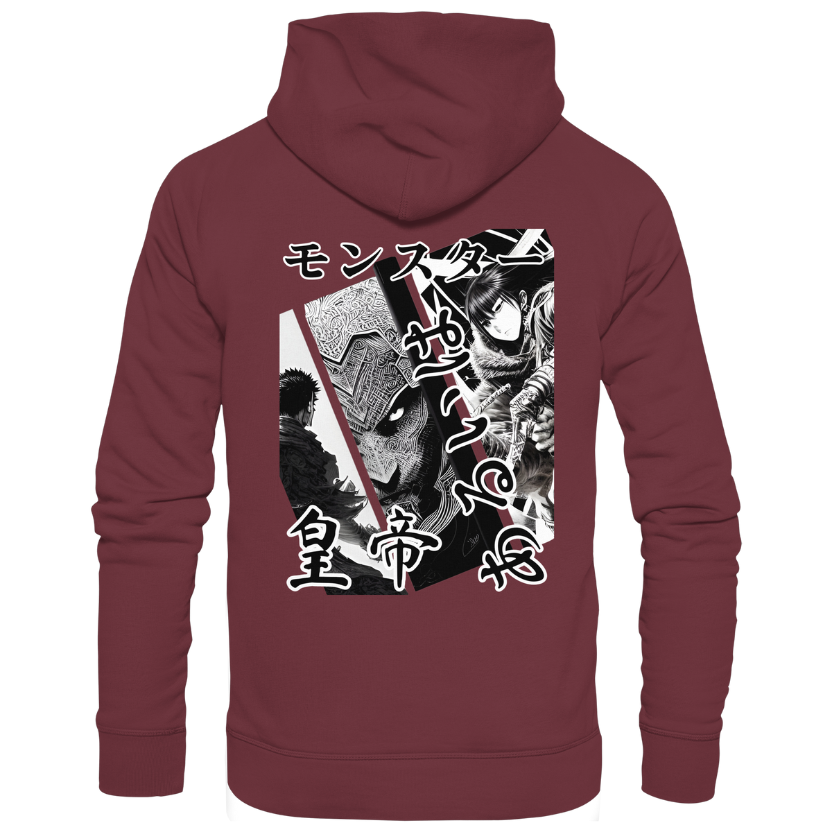 Anime Hoodie Manga Collage Tenno in Burgund, Rückenansicht mit Manga-Collage in Schwarz-Weiß