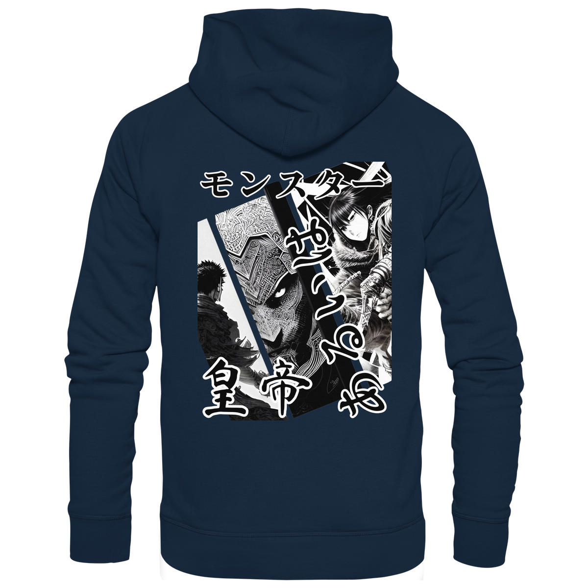 Anime Hoodie Manga Collage Tenno in French Navy, Rückenansicht mit Manga-Collage in Schwarz-Weiß