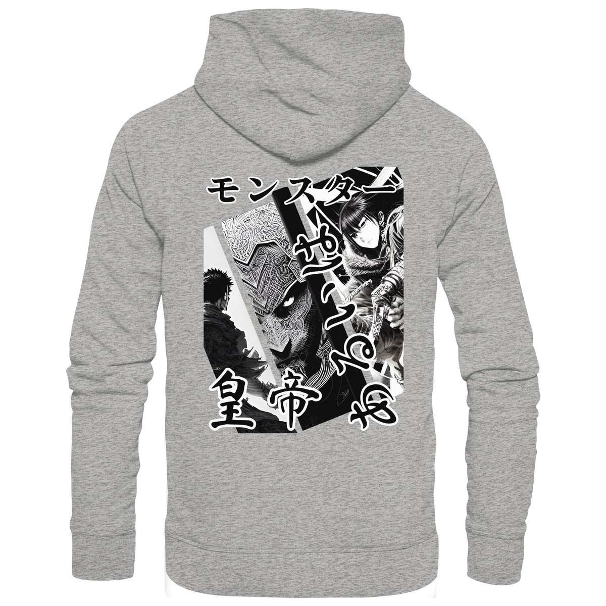 Anime Hoodie Manga Collage Tenno in Heather Grey, Rückenansicht mit Manga-Collage in Schwarz-Weiß