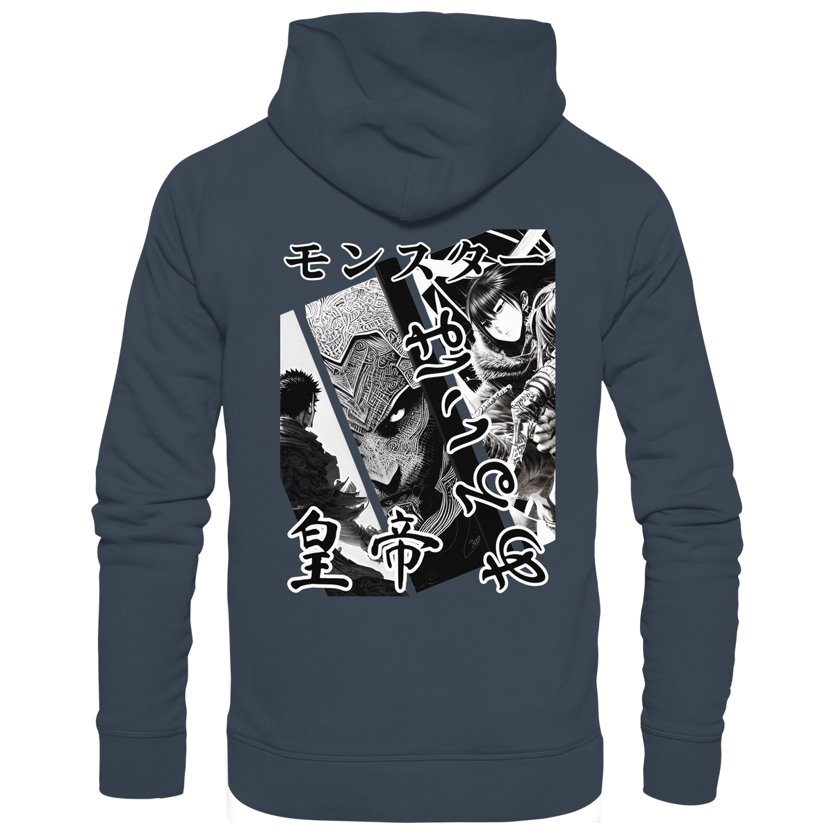 Anime Hoodie Manga Collage Tenno in Dunkelgrau, Rückenansicht mit Manga-Collage in Schwarz-Weiß