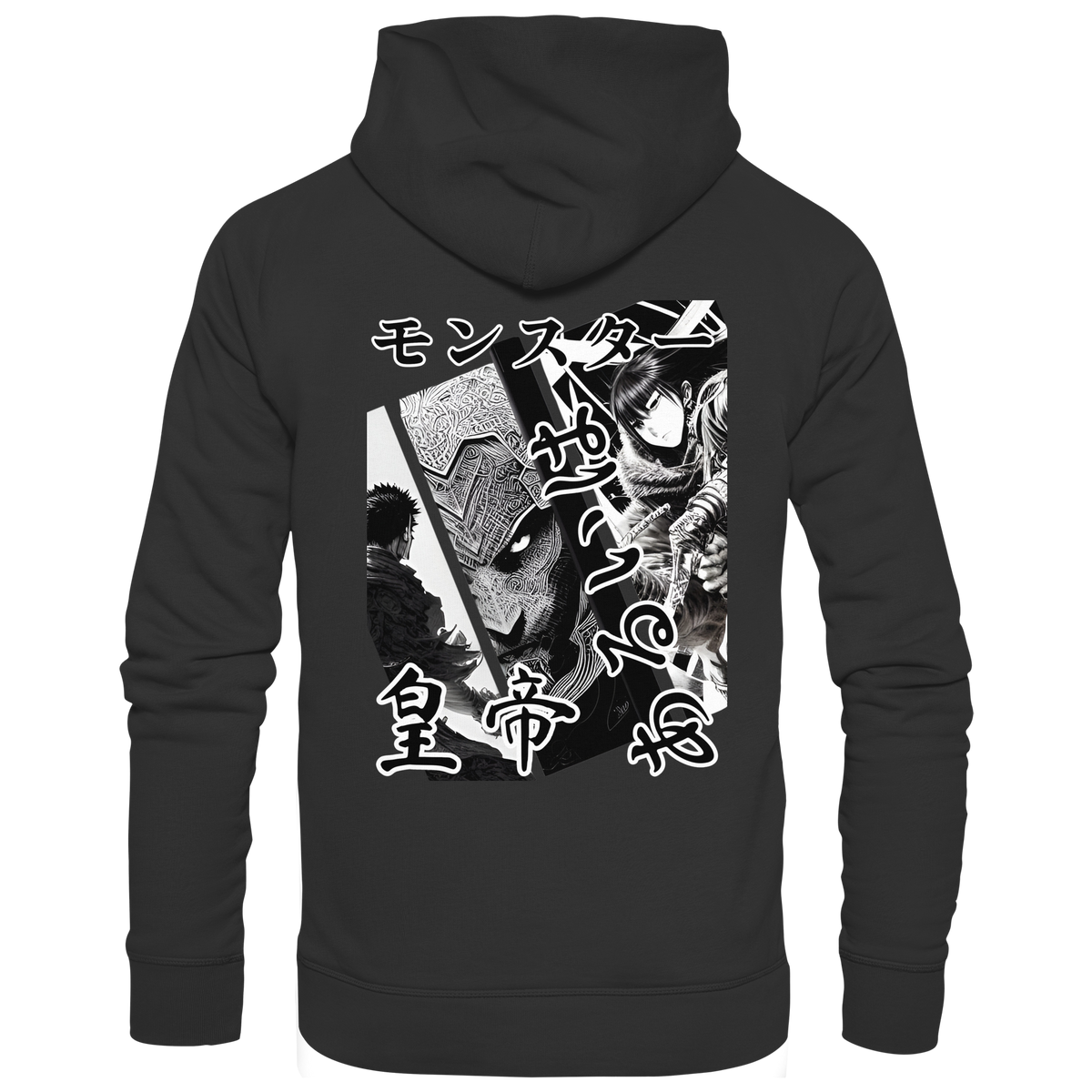 Anime Hoodie Manga Collage Tenno in Schwarz, Rückenansicht mit Manga-Collage in Schwarz-Weiß