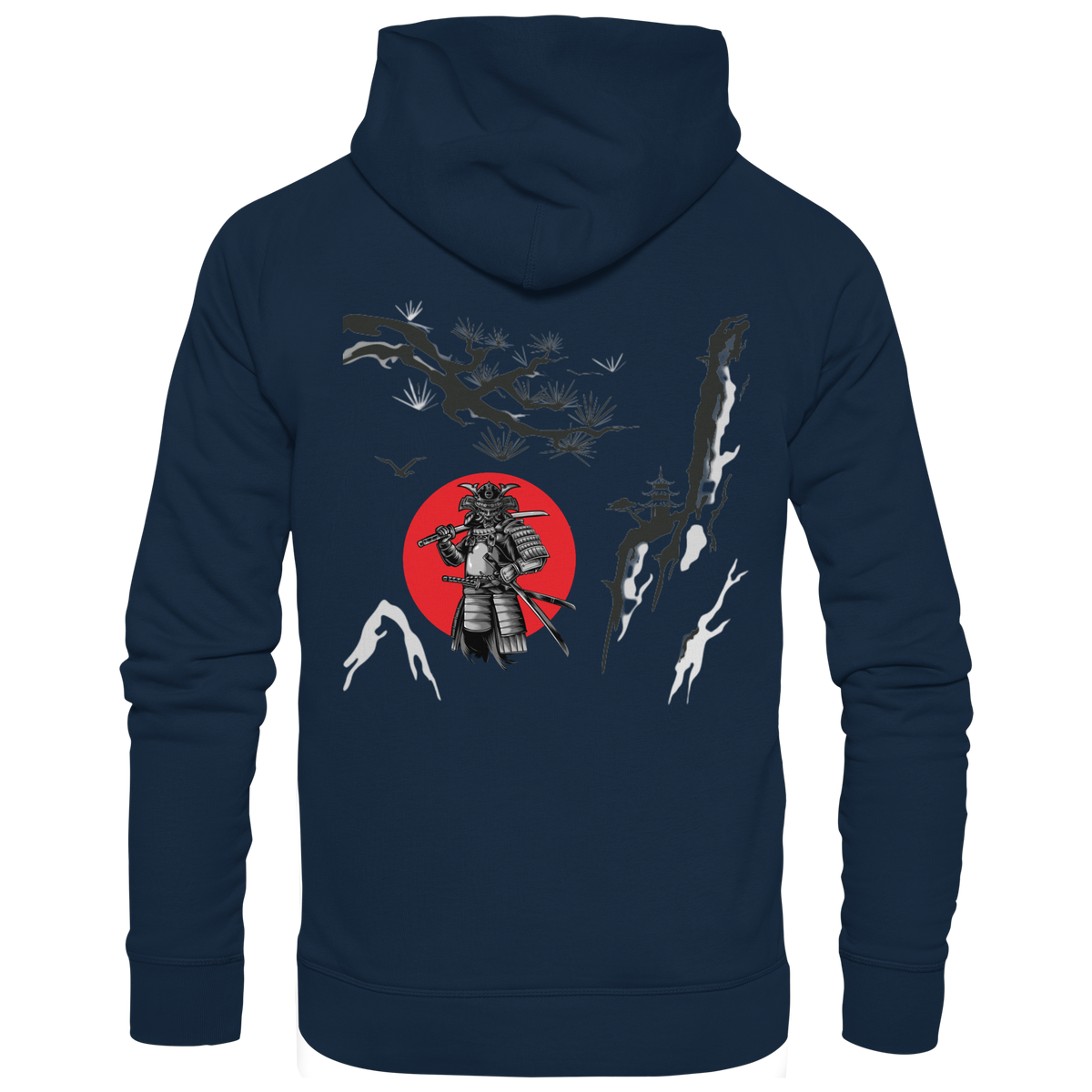 Anime Hoodie Samurai in French Navy, Rückenansicht mit japanischem Samurai-Motiv