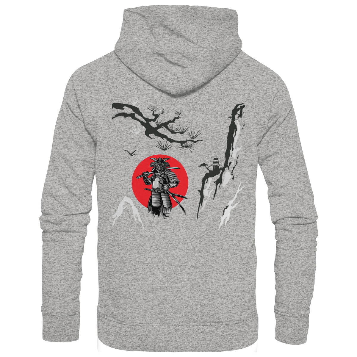 Anime Hoodie Samurai in Heather Grey, Rückenansicht mit japanischem Samurai-Motiv