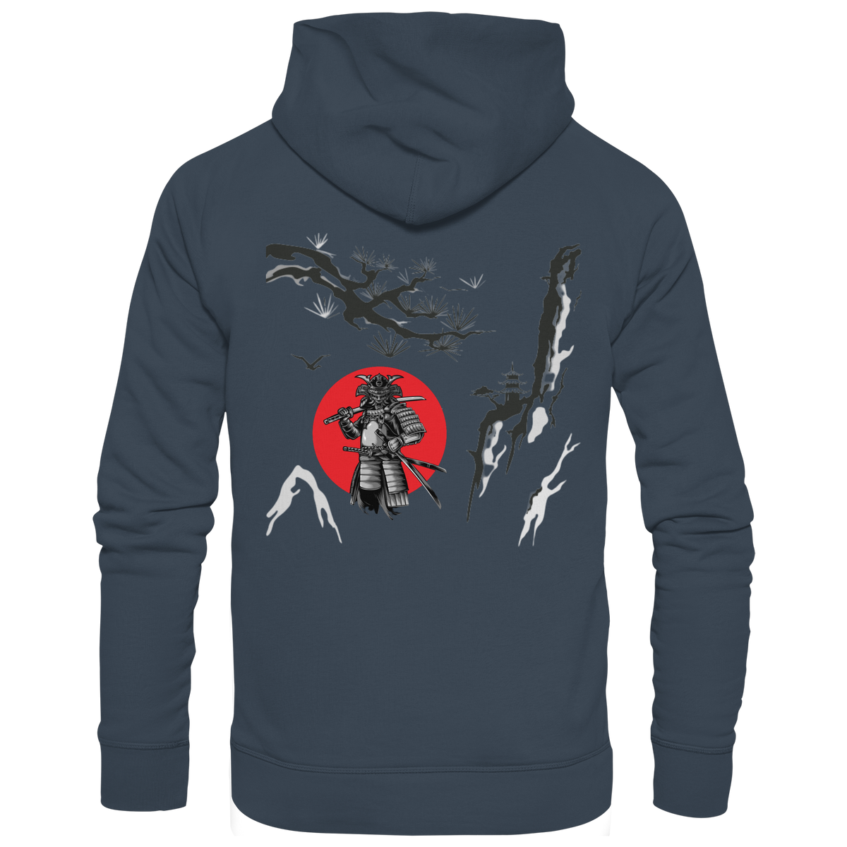 Anime Hoodie Samurai in Dunkelgrau, Rückenansicht mit japanischem Samurai-Motiv