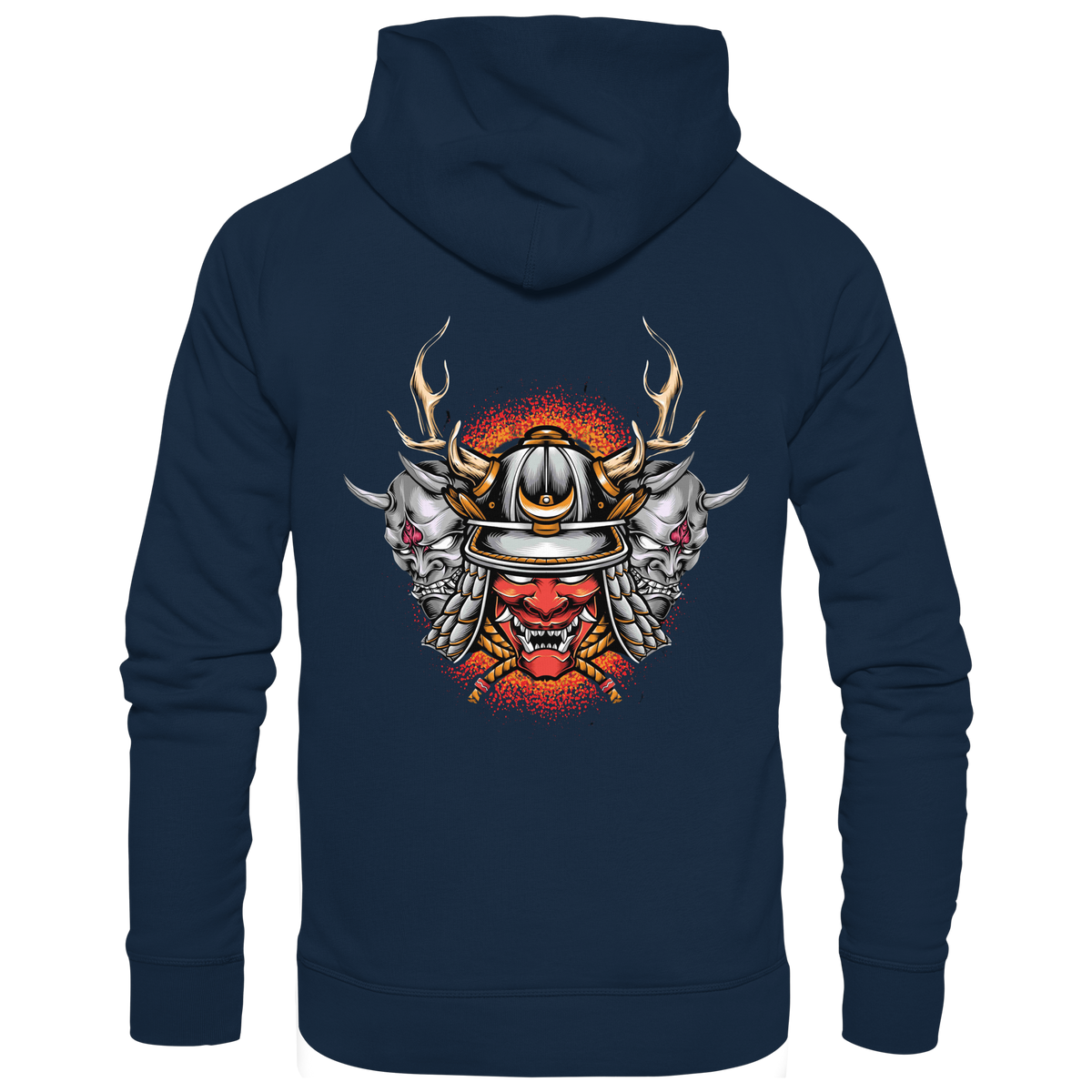Anime Hoodie Samurai Maske Masuka in French Navy, Rückenansicht mit Samurai-Masken-Motiv