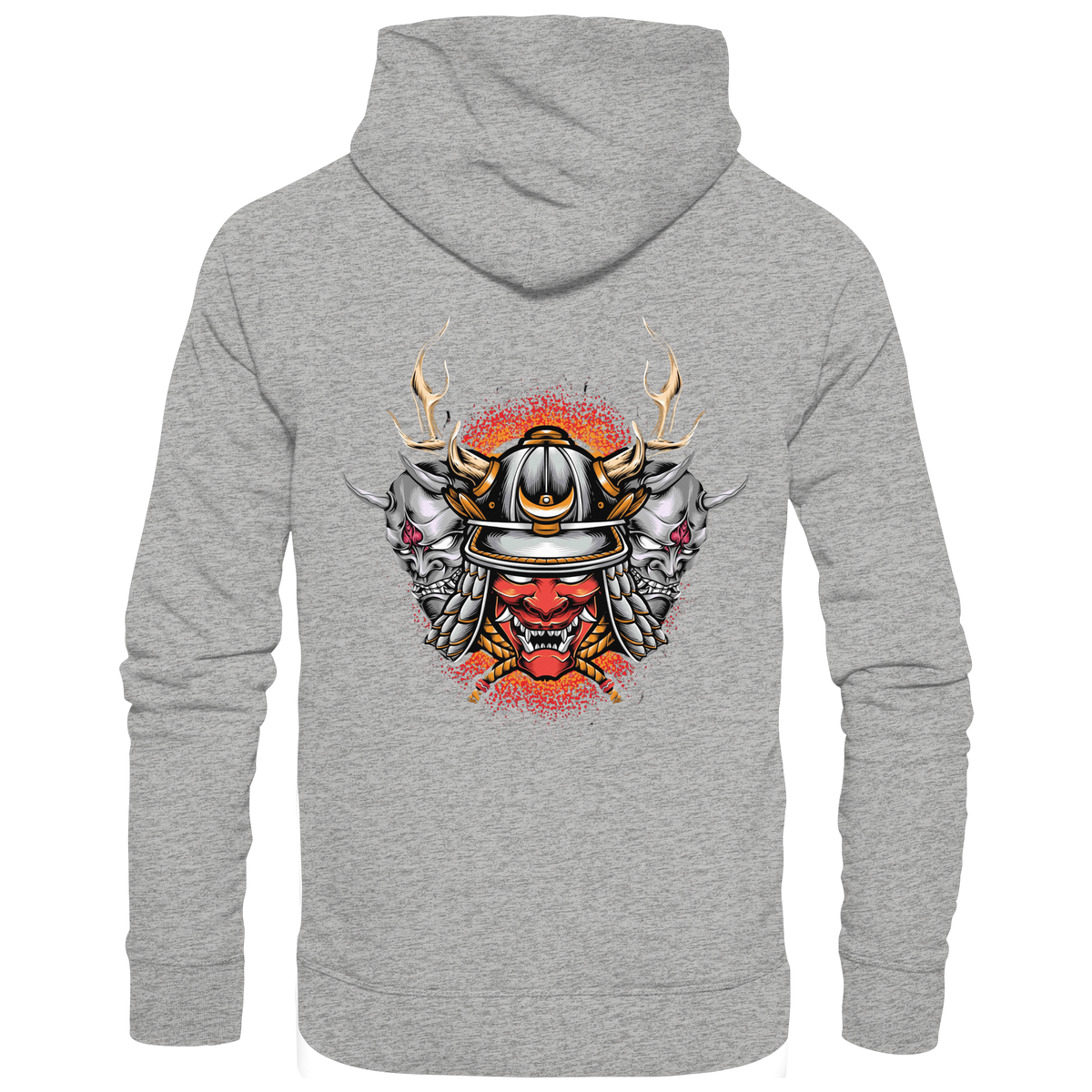 Anime Hoodie Samurai Maske Masuka in Heather Grey, Rückenansicht mit Samurai-Masken-Motiv