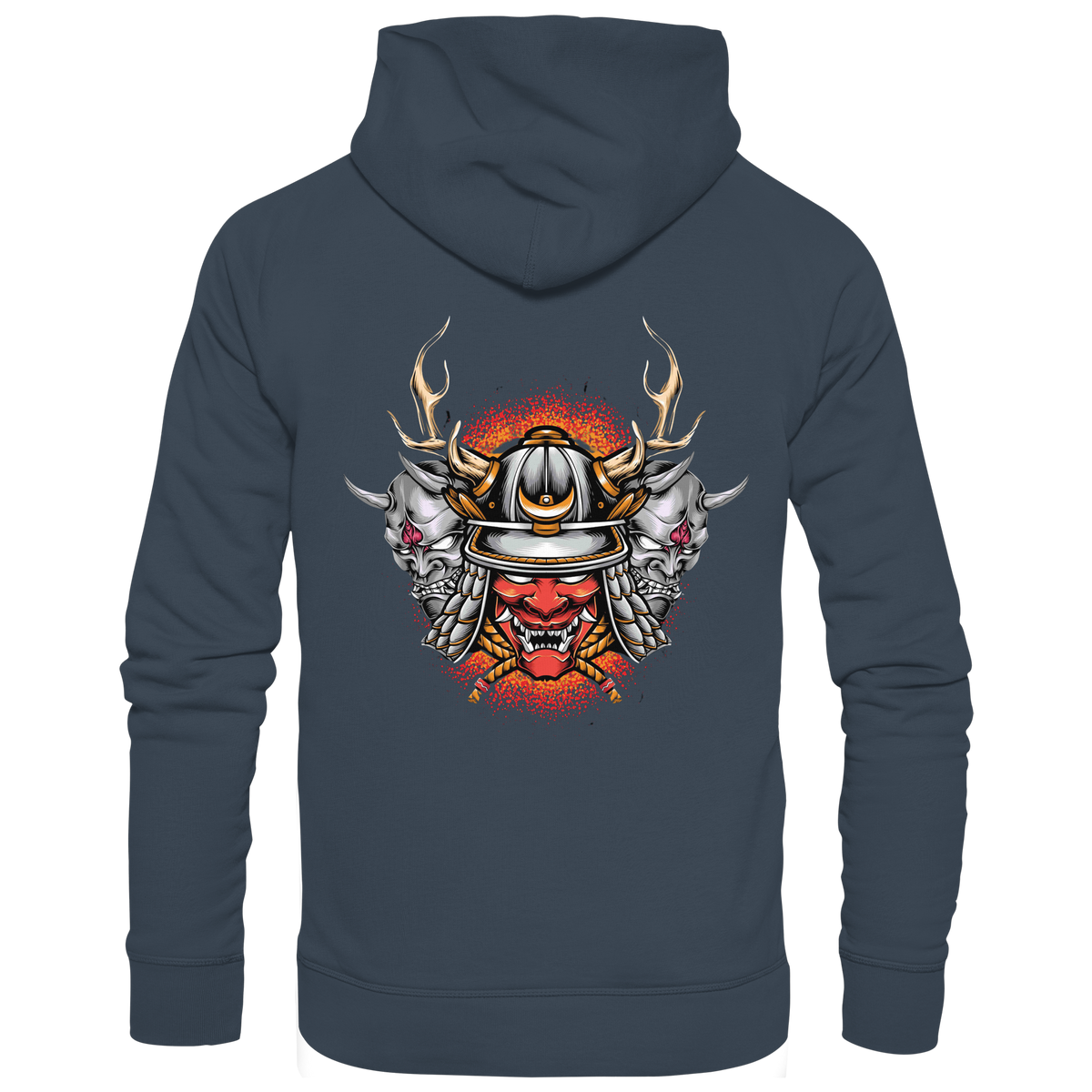 Anime Hoodie Samurai Maske Masuka in Dunkelgrau, Rückenansicht mit Samurai-Masken-Motiv