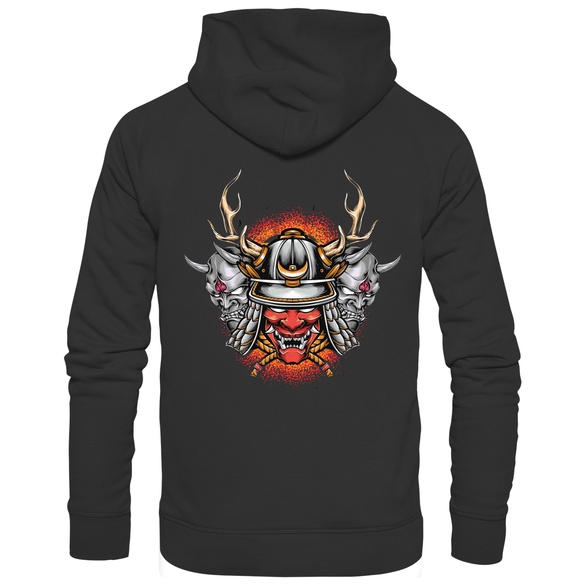 Anime Hoodie Samurai Maske Masuka in Schwarz, Rückenansicht mit Samurai-Masken-Motiv