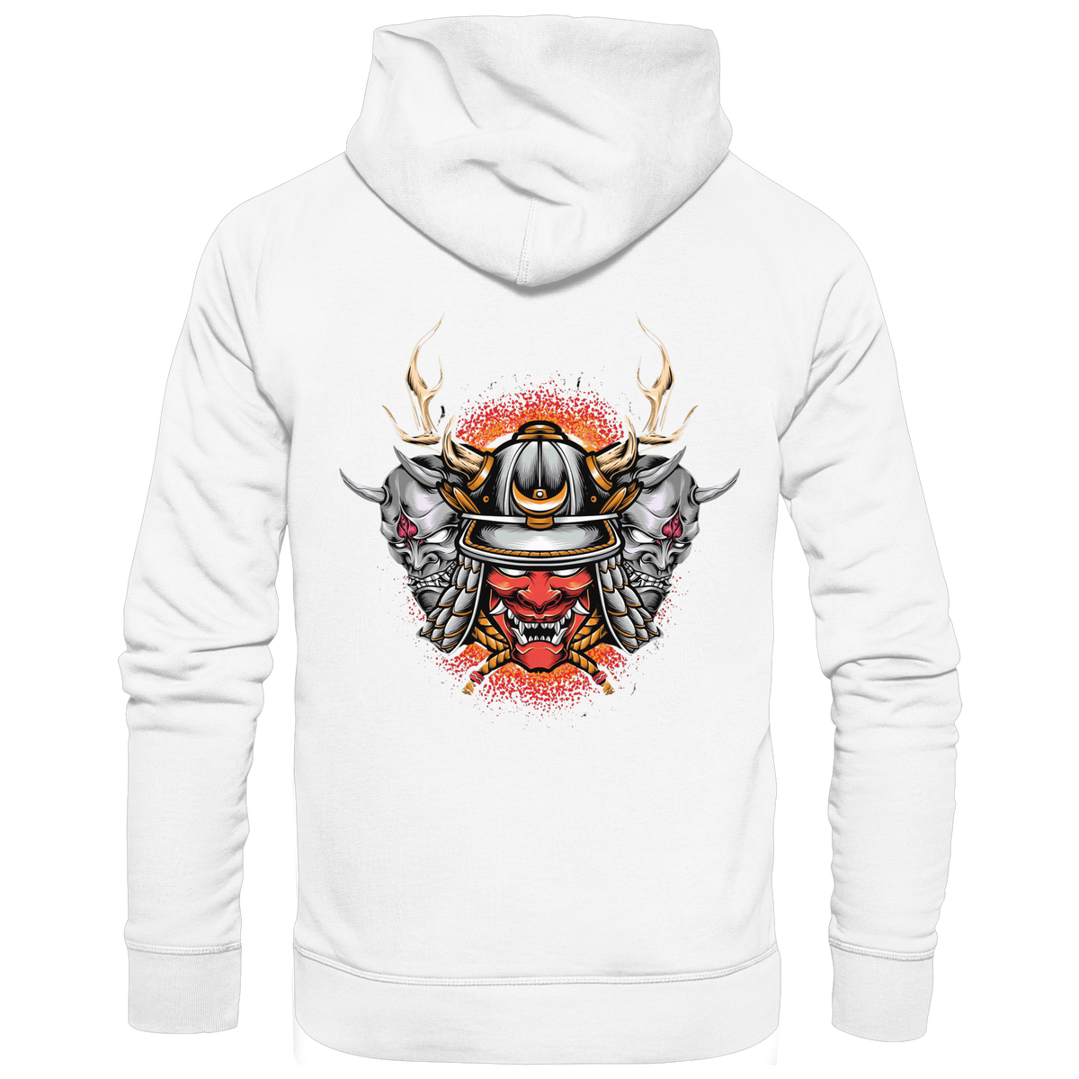 Anime Hoodie Samurai Maske Masuka in Weiß, Rückenansicht mit Samurai-Masken-Motiv
