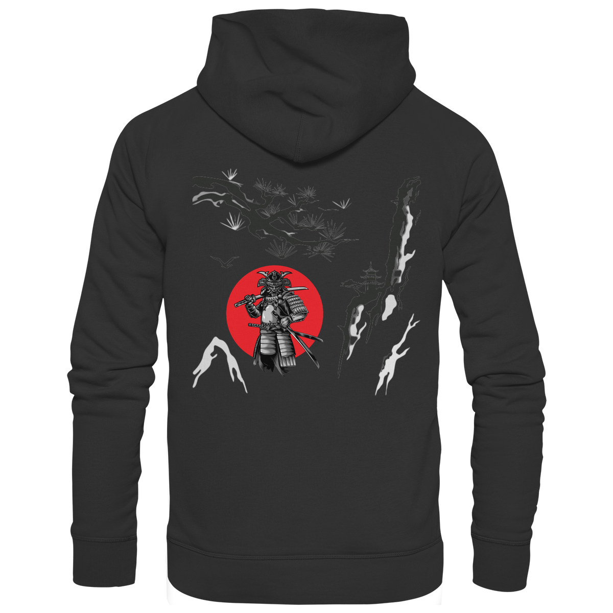 Anime Hoodie Samurai in Schwarz, Rückenansicht mit japanischem Samurai-Motiv