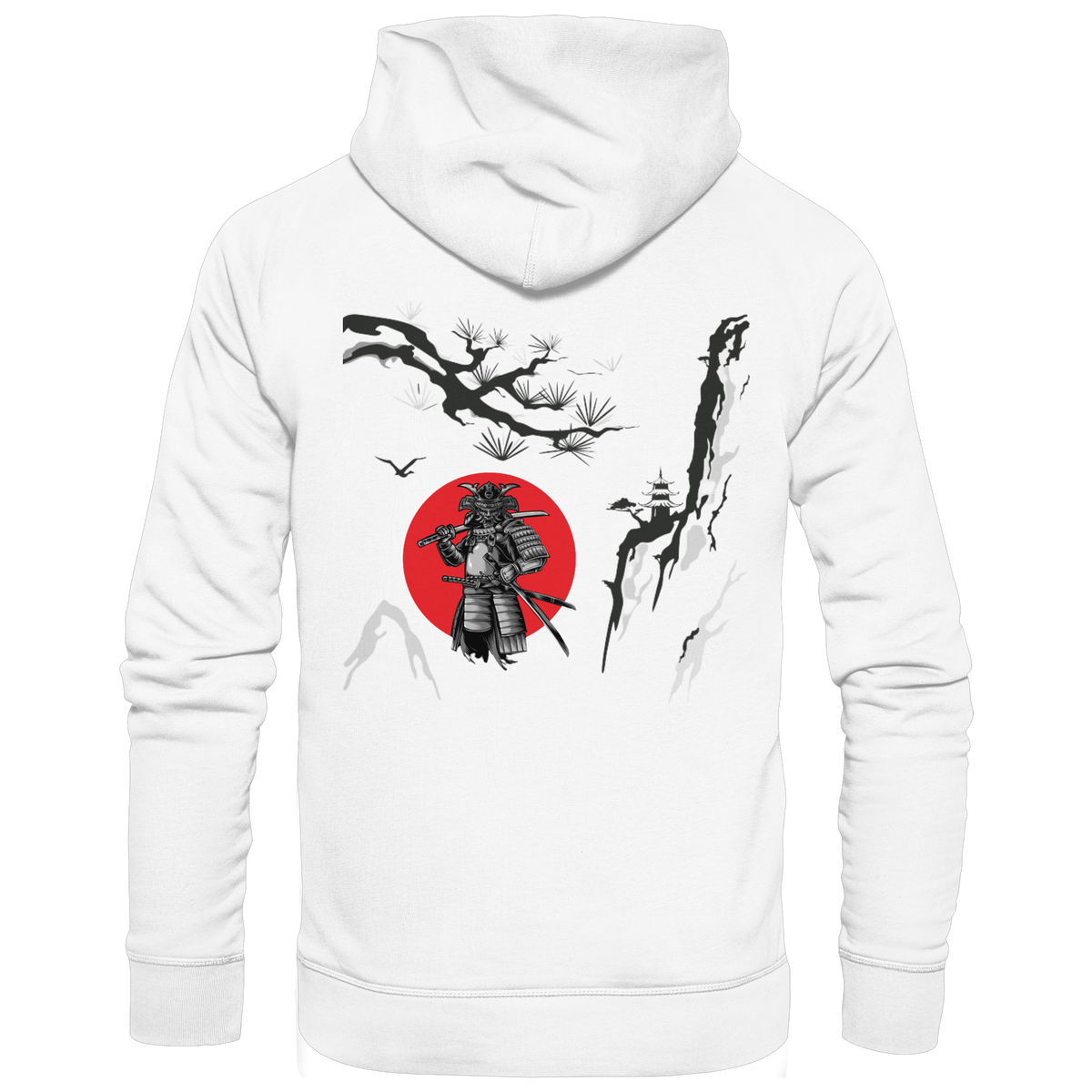 Anime Hoodie Samurai in Weiß, Rückenansicht mit japanischem Samurai-Motiv