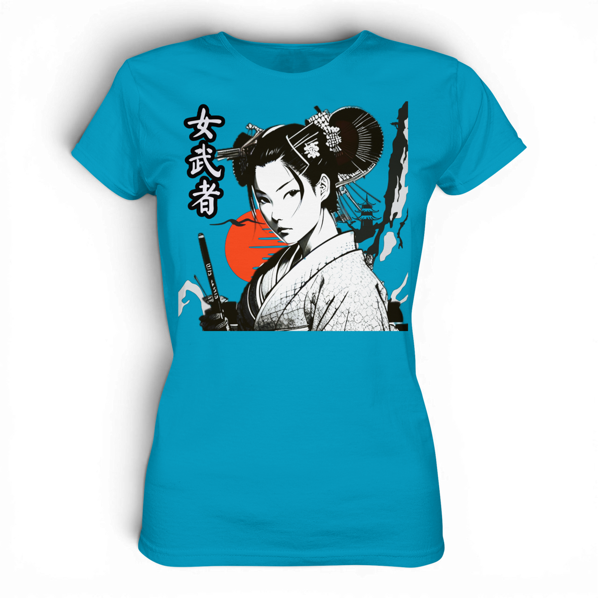 Anime T-Shirt Damen Kriegerin Onna-Bugeisha in Atoll-Blau, Vorderansicht mit japanischer Kriegerin