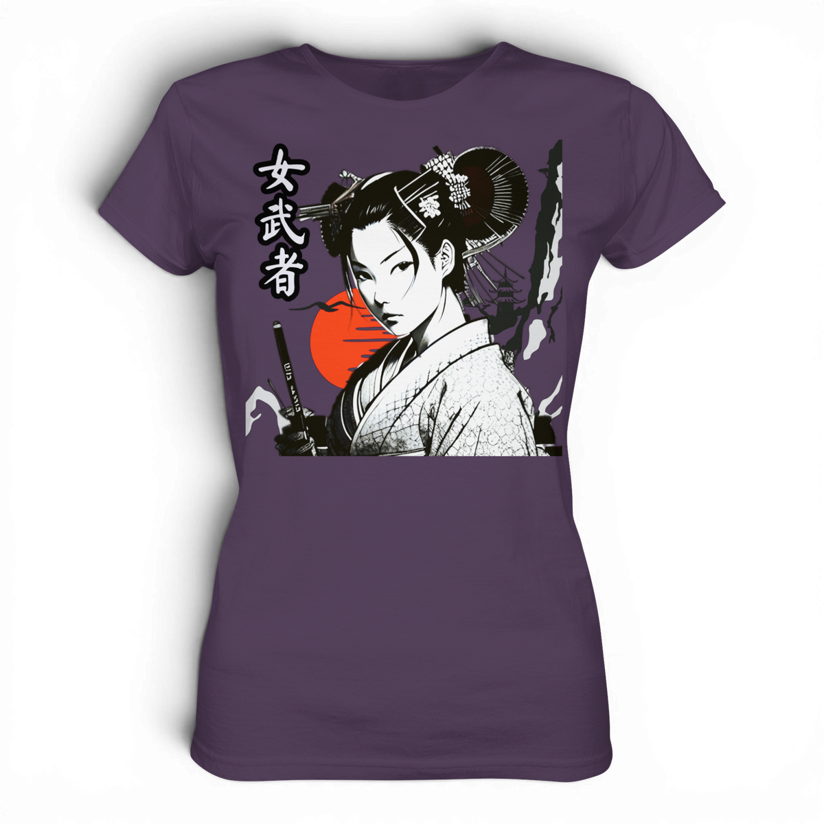 Anime T-Shirt Damen Kriegerin Onna-Bugeisha in Lila, Vorderansicht mit japanischer Kriegerin