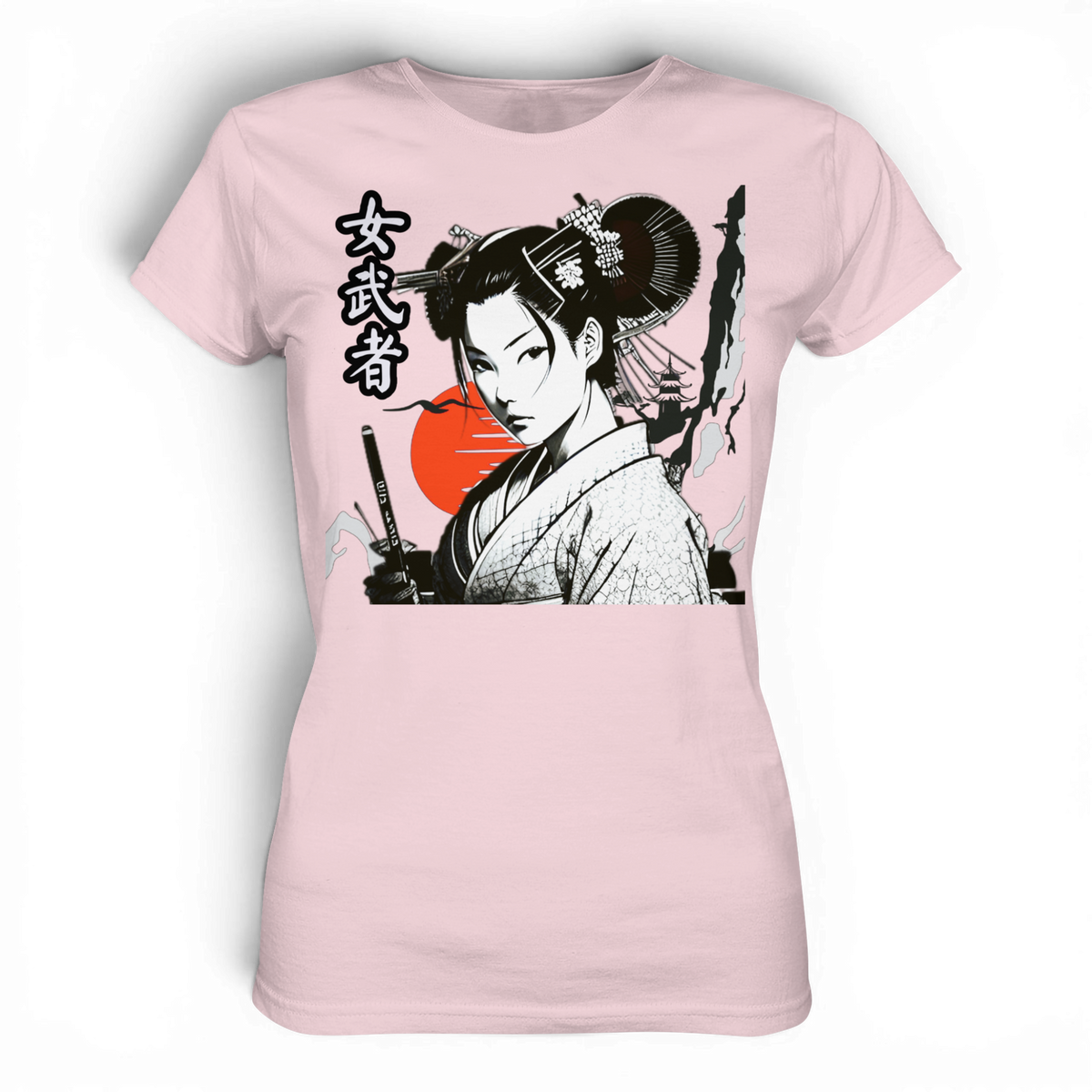 Anime T-Shirt Damen Kriegerin Onna-Bugeisha in Orchideen-Pink, Vorderansicht mit japanischer Kriegerin