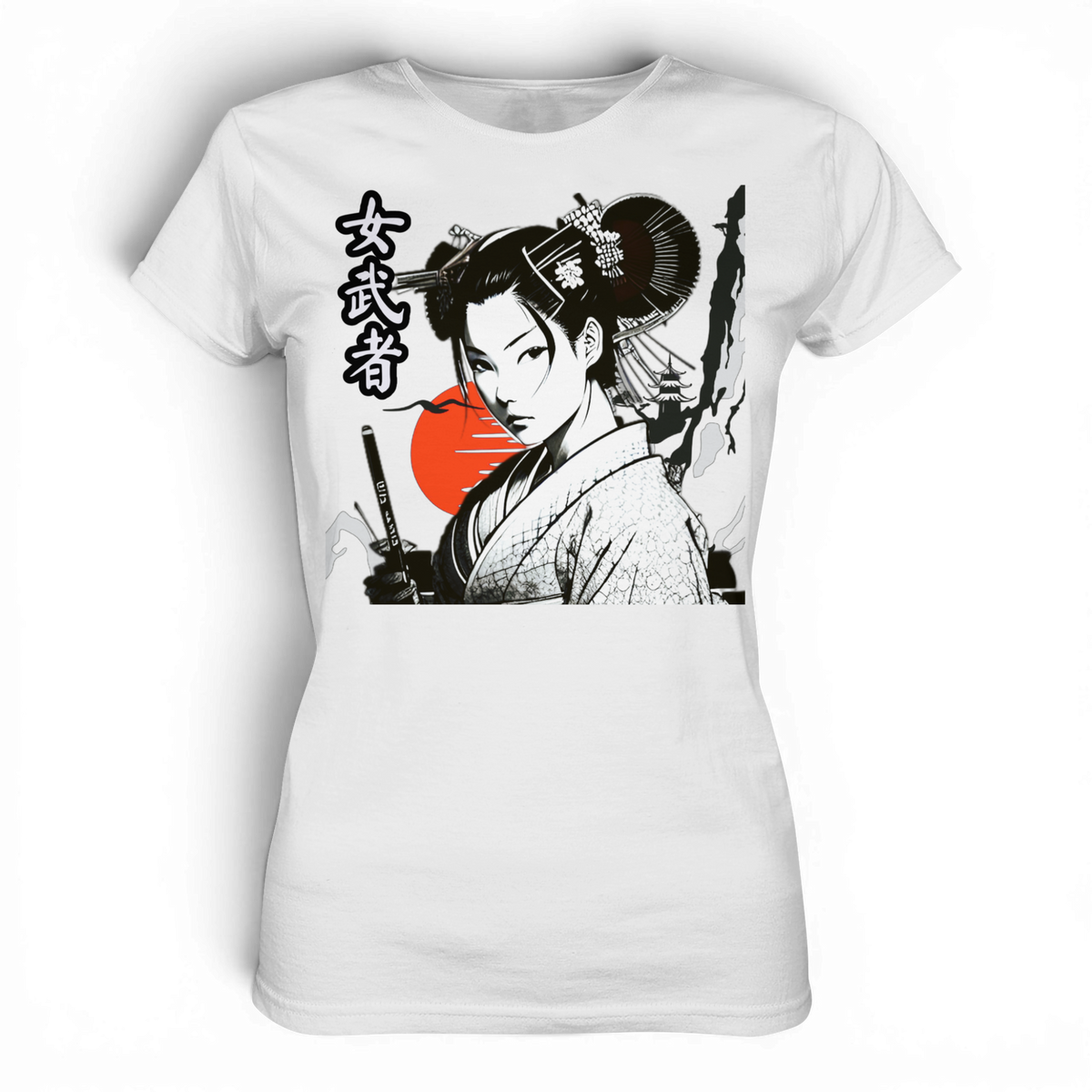 Anime T-Shirt Damen Kriegerin Onna-Bugeisha in Weiß, Vorderansicht mit japanischer Kriegerin