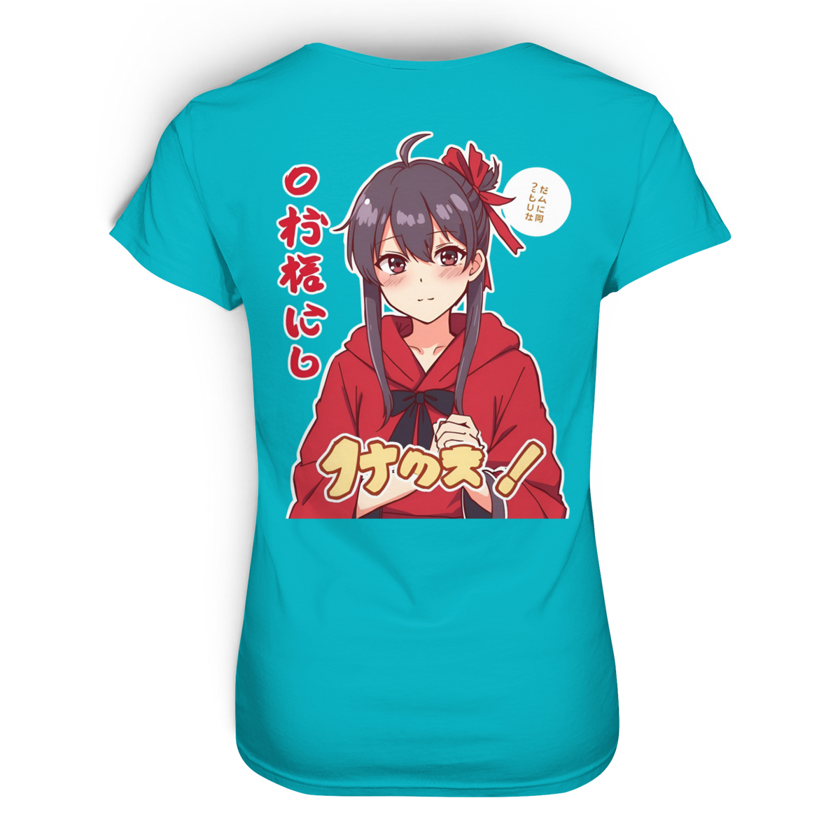 Anime T-Shirt Damen Manga Girl Akari in Türkis, Rückenansicht mit Manga-Mädchen in roter Kapuzenjacke und Schriftzeichen im japanischen Stil