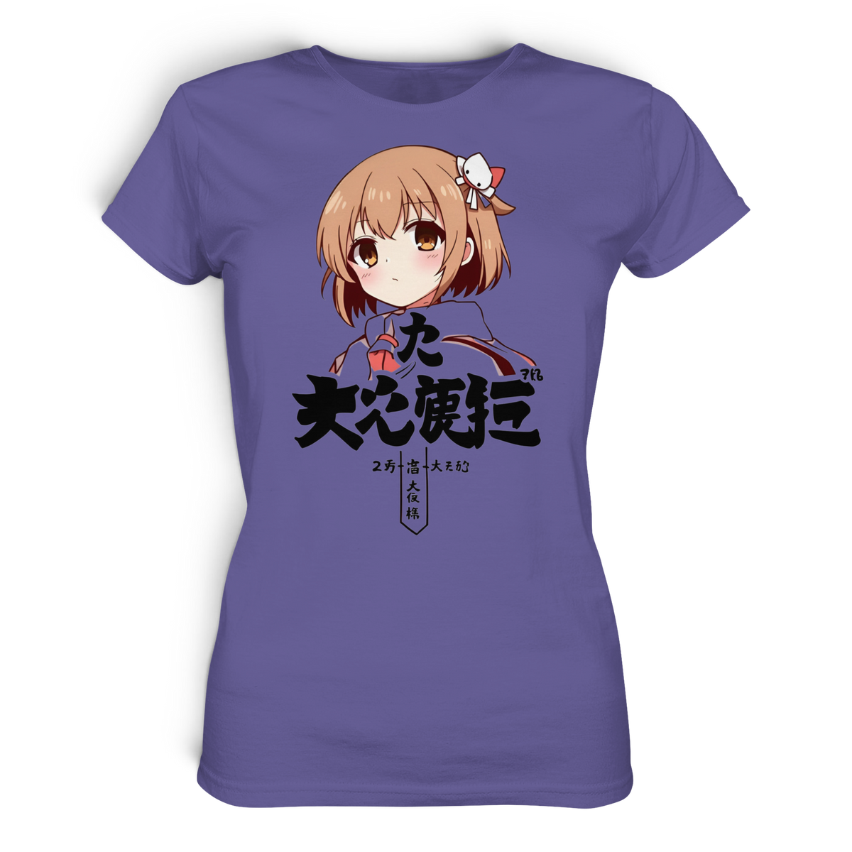 Anime T-Shirt Damen Manga Girl Mara in Flieder, Vorderansicht mit Manga-Mädchen mit kurzen braunen Haaren
