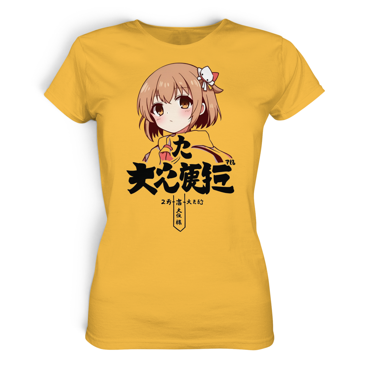 Anime T-Shirt Damen Manga Girl Mara in Gold, Vorderansicht mit Manga-Mädchen mit kurzen braunen Haaren