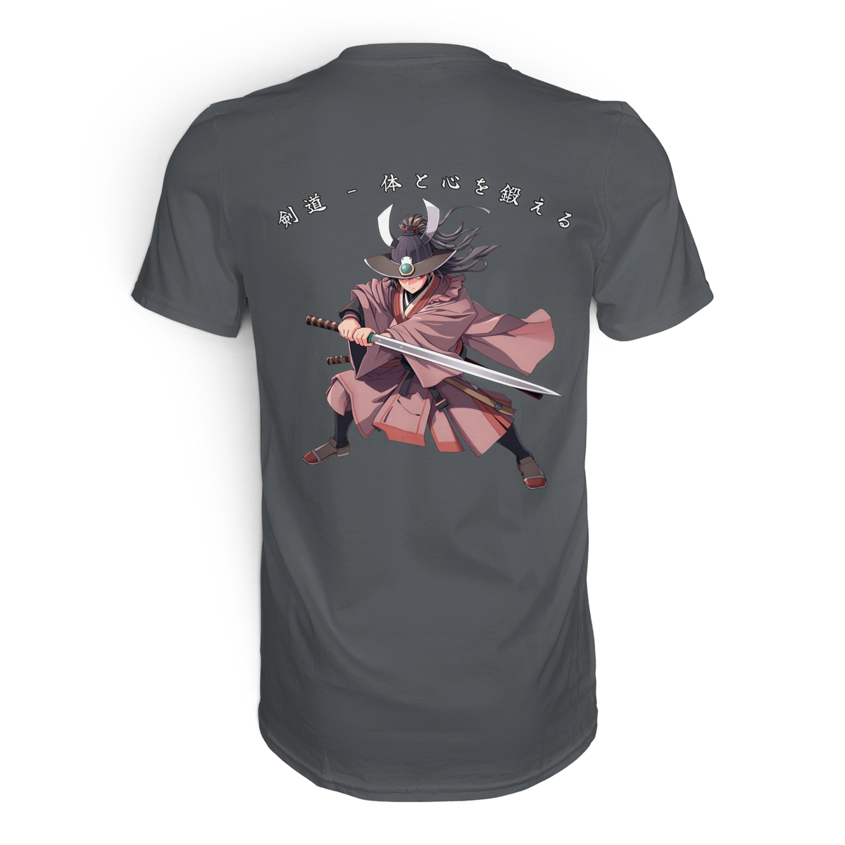 Anime T-Shirt Kendo Kampfkunst in Dunkelgrau, Rückenansicht mit Schwertkämpfer und japanischer Schrift