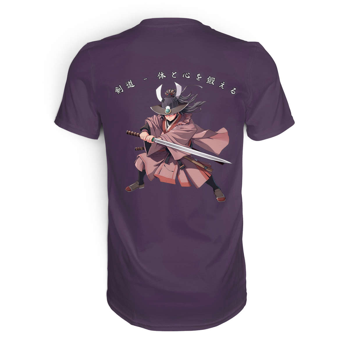 Anime T-Shirt Kendo Kampfkunst in Lila, Rückenansicht mit Schwertkämpfer und japanischer Schrift