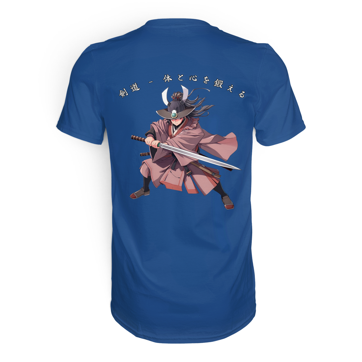 Anime T-Shirt Kendo Kampfkunst in Royalblau, Rückenansicht mit Schwertkämpfer und japanischer Schrift