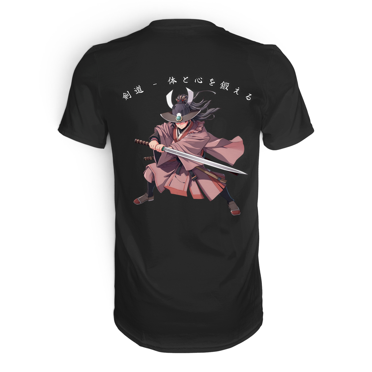 Anime T-Shirt Kendo Kampfkunst in Schwarz, Rückenansicht mit Schwertkämpfer und japanischer Schrift
