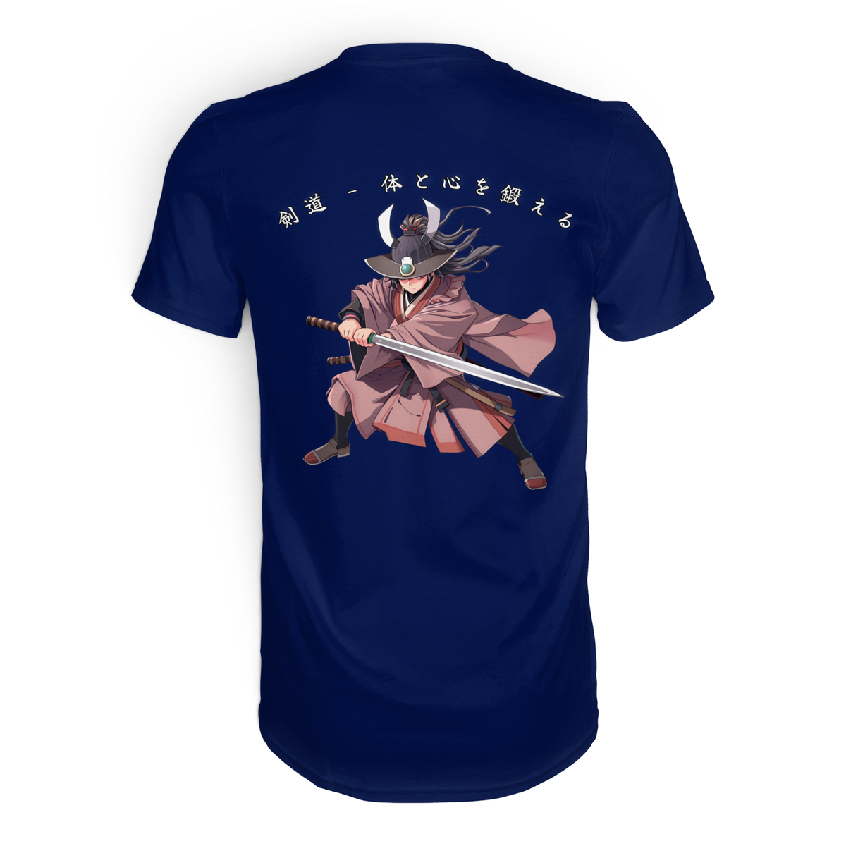 Anime T-Shirt Kendo Kampfkunst in Urban Navy, Rückenansicht mit Schwertkämpfer und japanischer Schrift