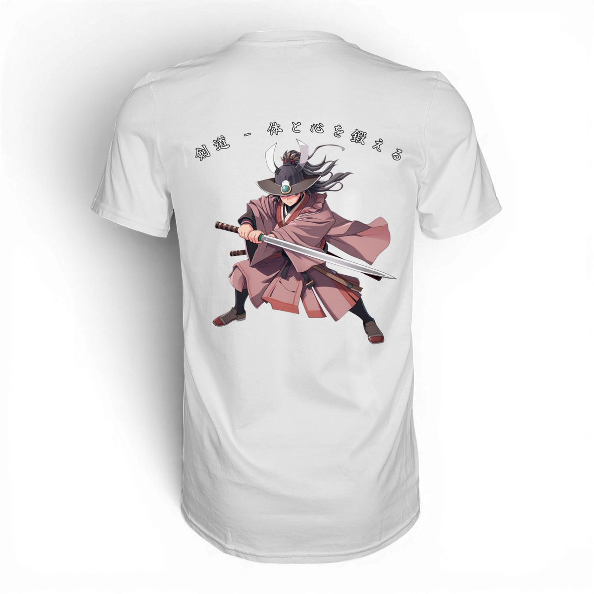 Anime T-Shirt Kendo Kampfkunst in Weiß, Rückenansicht mit Schwertkämpfer und japanischer Schrift