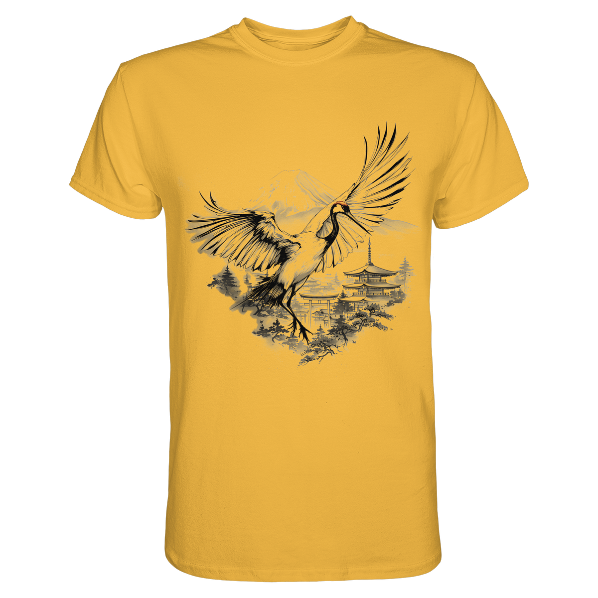 Anime T-Shirt Kranich Tancho in Gold, Vorderansicht mit Kranich im Tusche-Stil