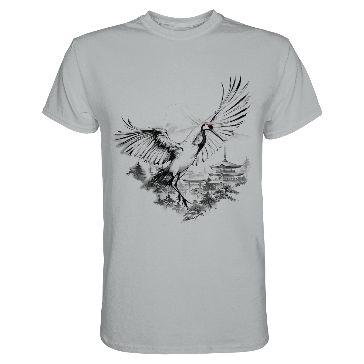 Anime T-Shirt Kranich Tancho in Pacific Grey, Vorderansicht mit Kranich im Tusche-Stil