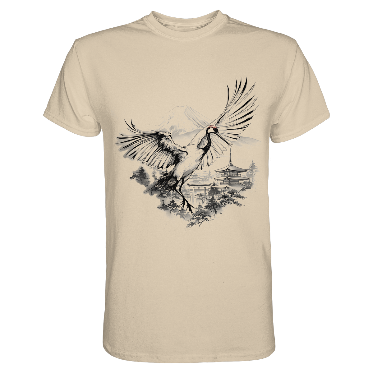 Anime T-Shirt Kranich Tancho in Sand, Vorderansicht mit Kranich im Tusche-Stil