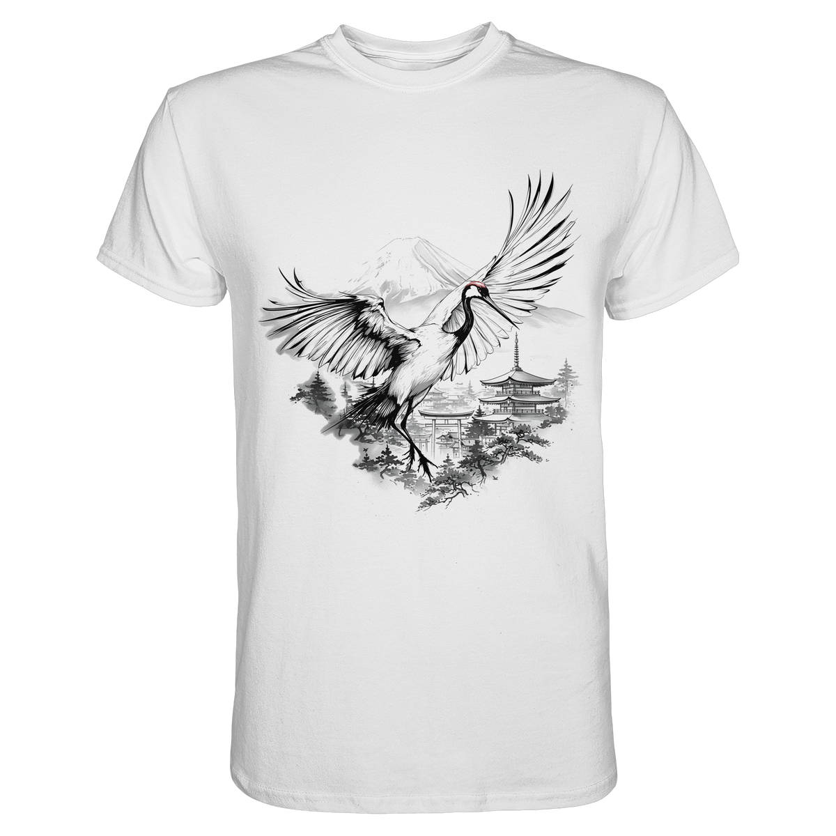 Anime T-Shirt Kranich Tancho in Weiß, Vorderansicht mit Kranich im Tusche-Stil