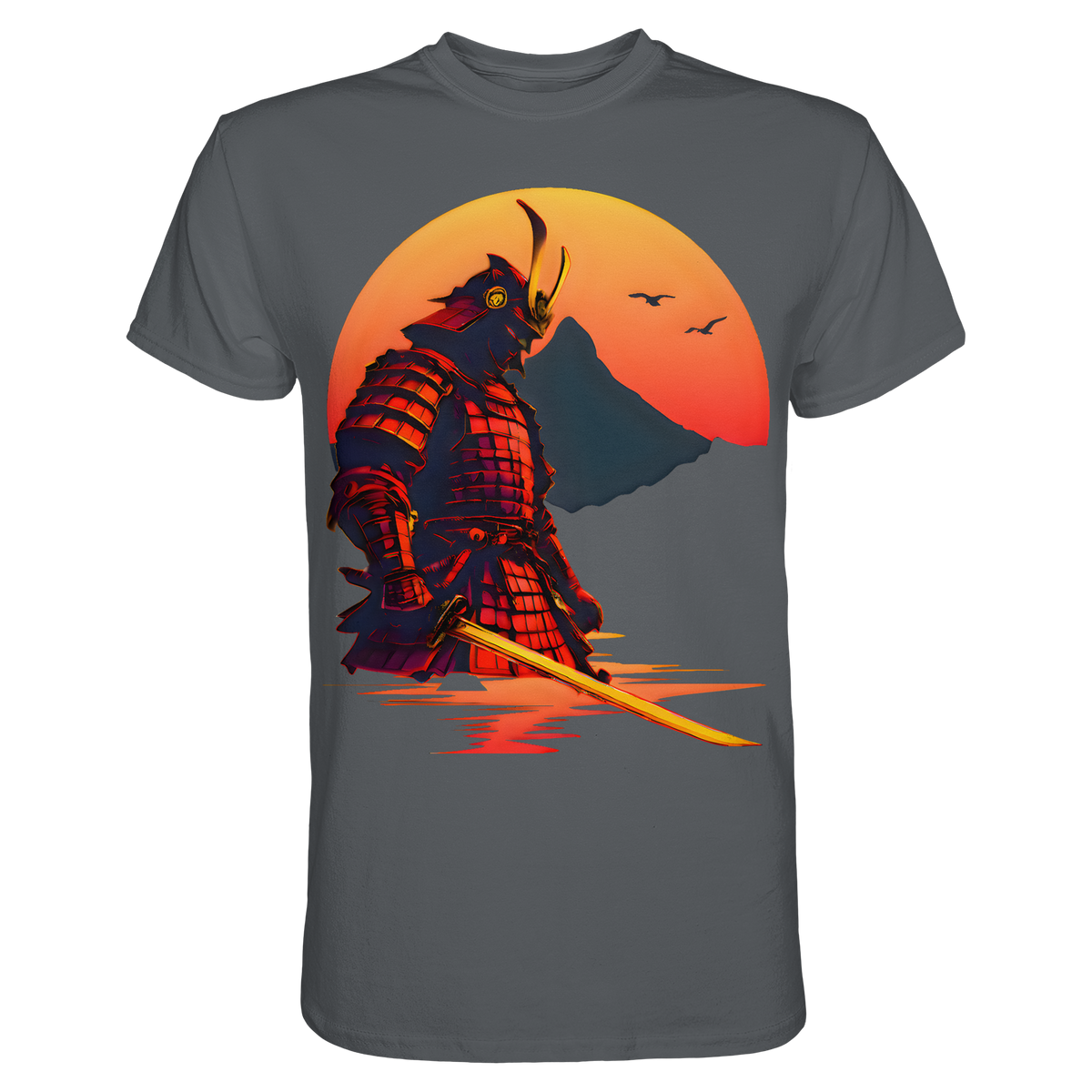 Anime T-Shirt Krieger Senshi in Dunkelgrau, Vorderansicht mit Samurai vor untergehender Sonne