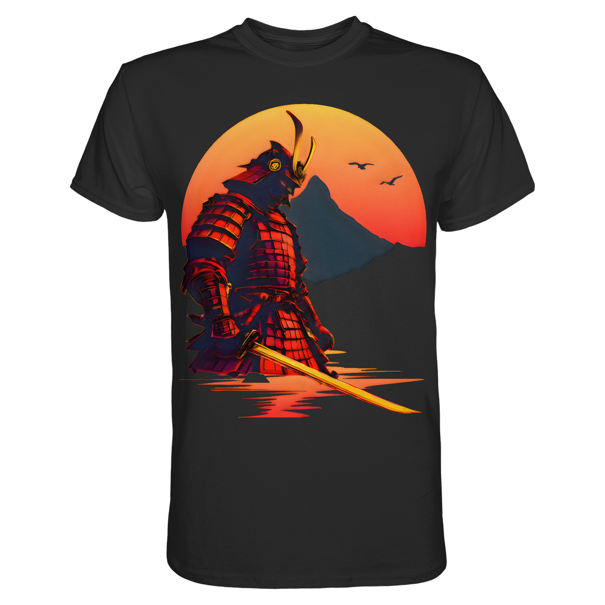 Anime T-Shirt Krieger Senshi in Schwarz, Vorderansicht mit Samurai vor untergehender Sonne